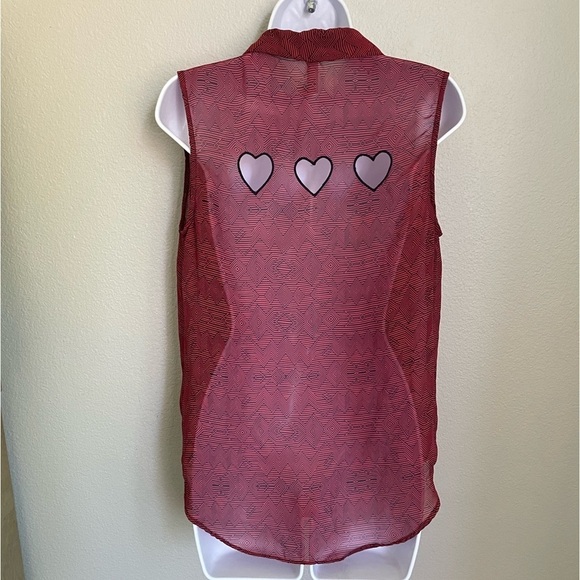 Xhilaration Red Sheer Geometric Print Sleeveless Collard Blouse Heart Cutouts - Picture 5 of 6